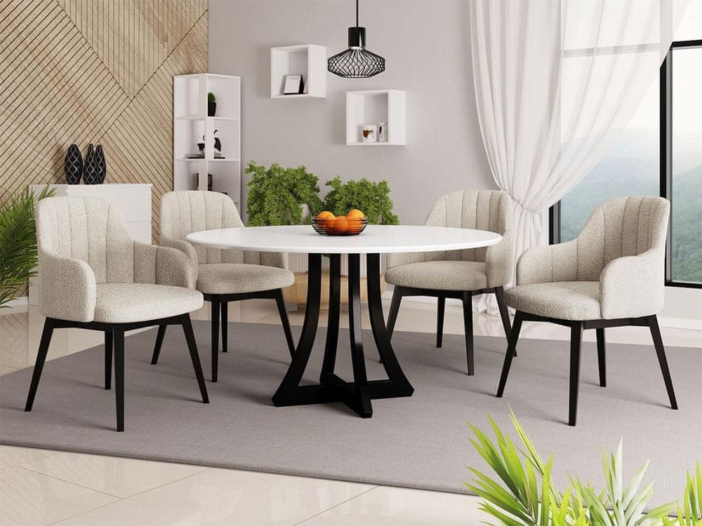 Veneti Okrúhly jedálenský stôl 100 cm so 4 stoličkami TULZA 2 - lesklý čiernobiely / krémový